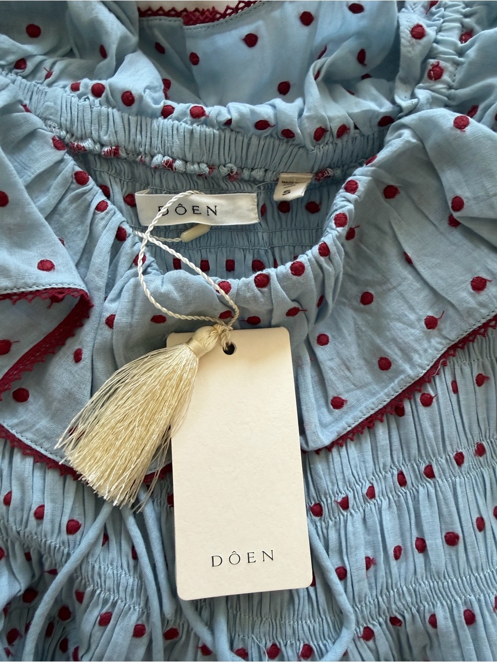 DOEN Sol Shirred Puff Sleeve Maxi Dress in Azure Swiss Dot NWT - Picture 5 of 5